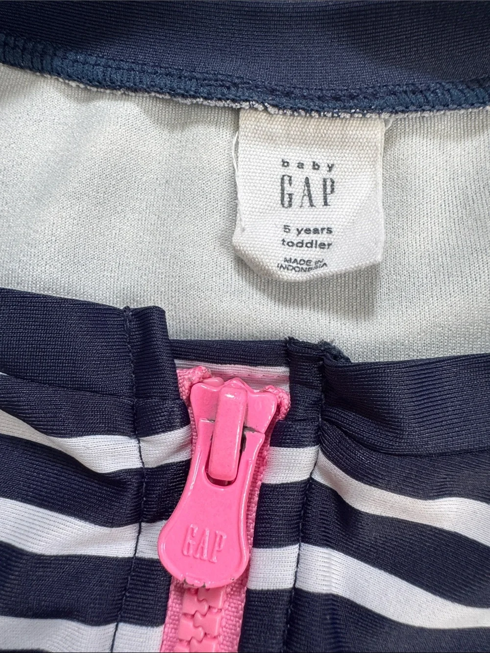 GAP Navy and White Striped Long-Sleeve One-Piece Swimsuit with Pink Zipper